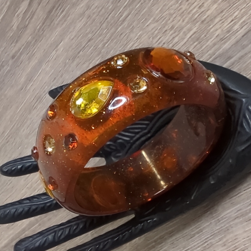Vintage Lucite Glitter Amber Jeweled Bangle Bracelet